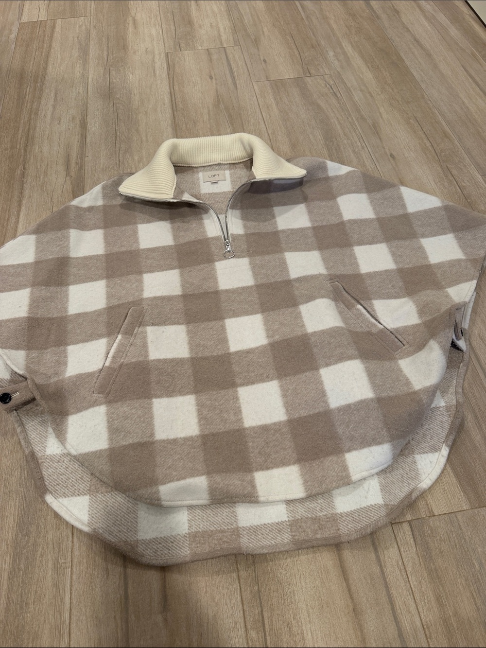 LOFT Beige and Cream Check Zip-Neck Poncho